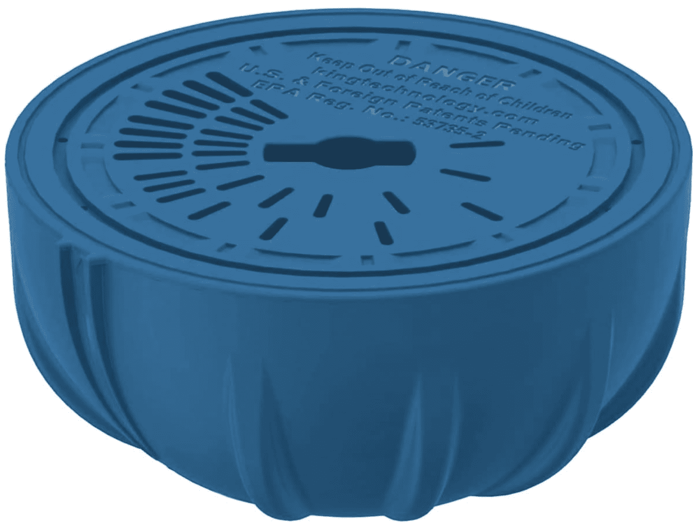 A Flippin’ FROG Pool Sanitizer Replacement Chlorine Cartridge for use with The Flippin’ FROG Pool Sanitizer System for Pools 2,000 – 5,000 gallons, All-in-One Sanitizing System blue plastic container with a hole in it.